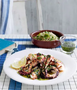 Octopus with pea, mint and shallot pilaf and Grecian salsa verde