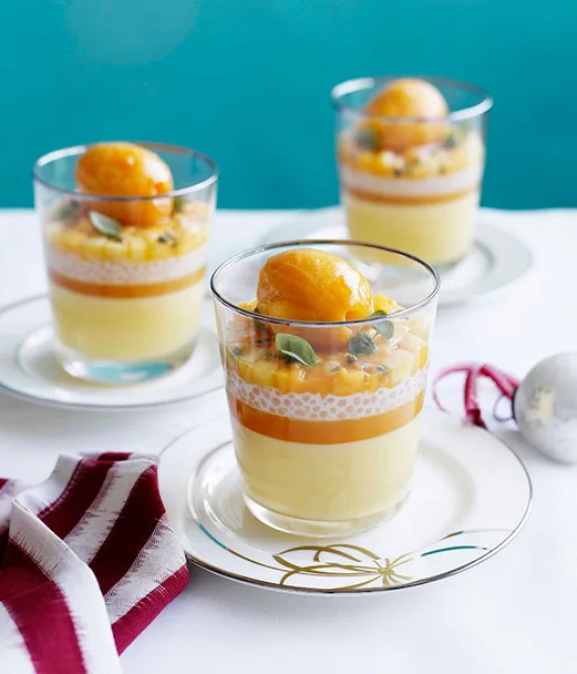 Passionfruit posset with mango and passionfruit sorbet