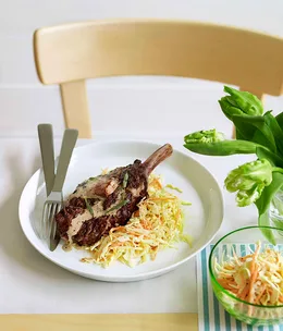 Rib-eye with hot-mustard coleslaw, bone marrow and pepper sauce