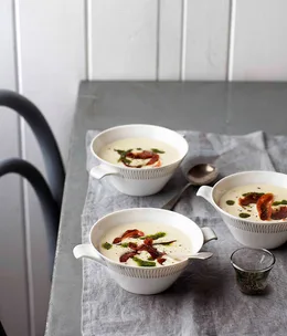White bean velouté with salsa verde and candied pancetta