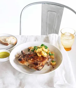 Grilled spatchcock with preserved lemon and cumin butter and spiced potatoes