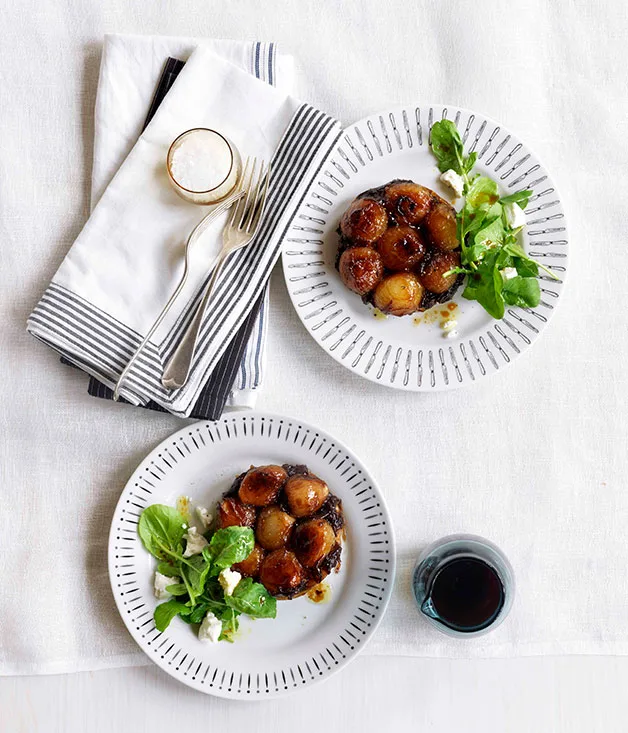 Shallot tarte Tatin with marinated goat’s cheese