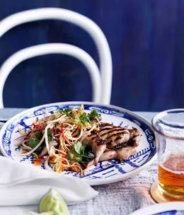 Banana-blossom salad with seared quail and chilli, lime and coconut dressing