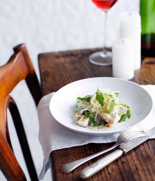 Smoked eel, apple and rocket salad