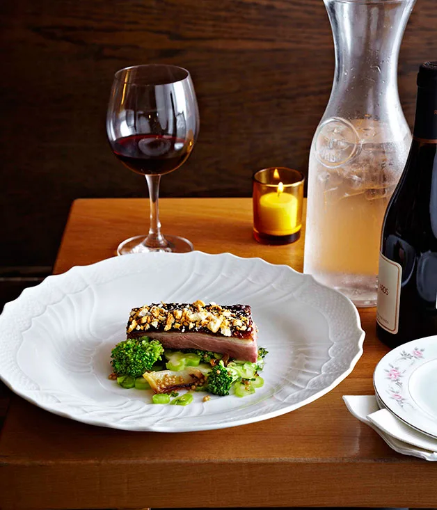 Island duck, broccoli, sesame crumbs, mulberry mustard