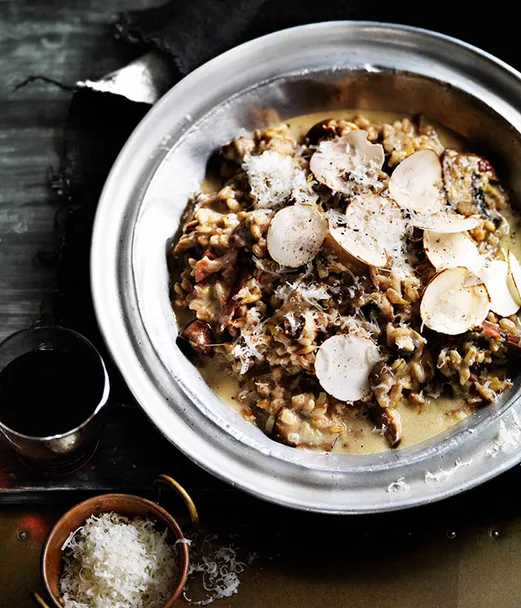 Farro risotto with mushrooms, leek and parmesan
