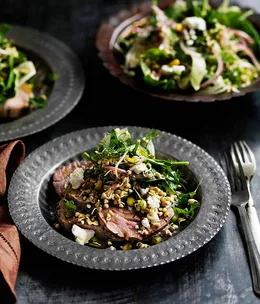 Slow-roasted lamb with sprouted buckwheat, fennel and spinach salad