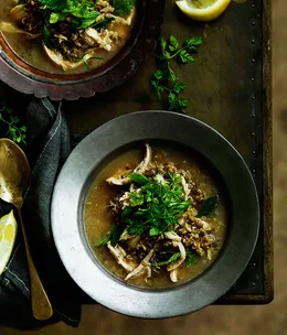 Arabian freekah soup with chicken, yoghurt and herbs