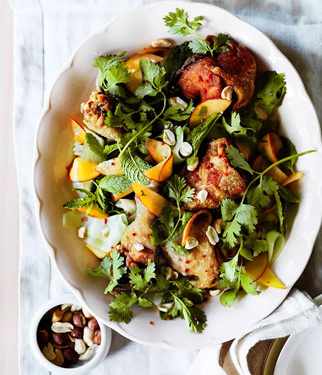 Crisp-skinned Vietnamese chicken with peaches