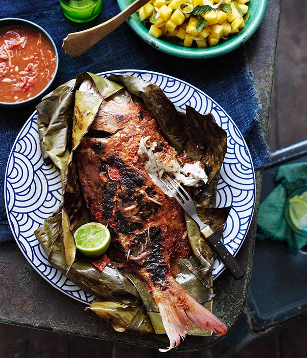 Barbecued snapper in banana leaves with sambal belacan