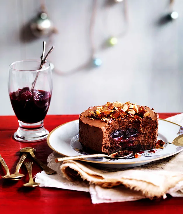 Chocolate shortbread and truffle cakes with sour cherry jam