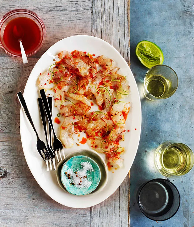 Besan-fried prawns with saffron-braised vegetables