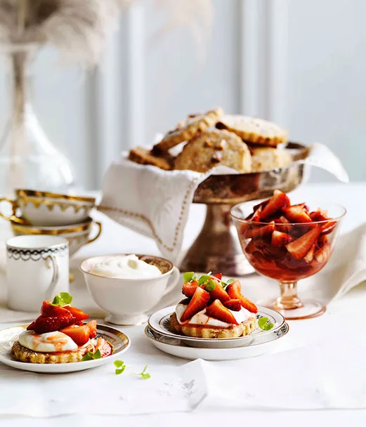 Strawberry and almond shortcakes with cassis cream