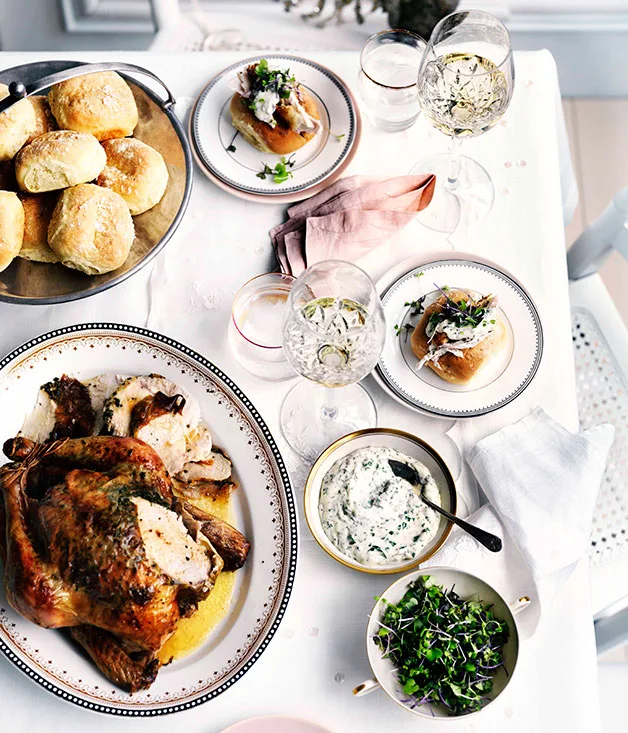 Roast herb chicken with Parker House rolls