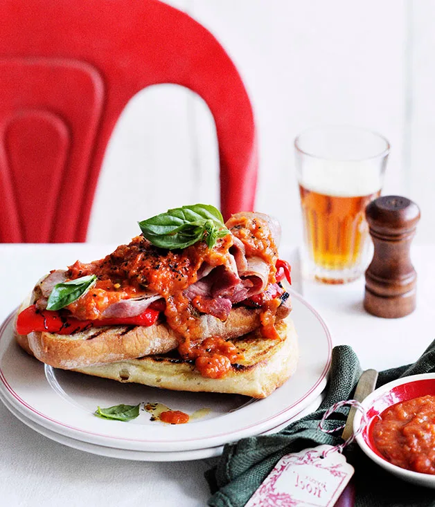 Stephanie Alexander's fried ham with homemade tomato sauce and grilled bread