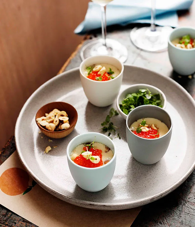 Egg custards with hazelnuts, trout roe and lemon balm