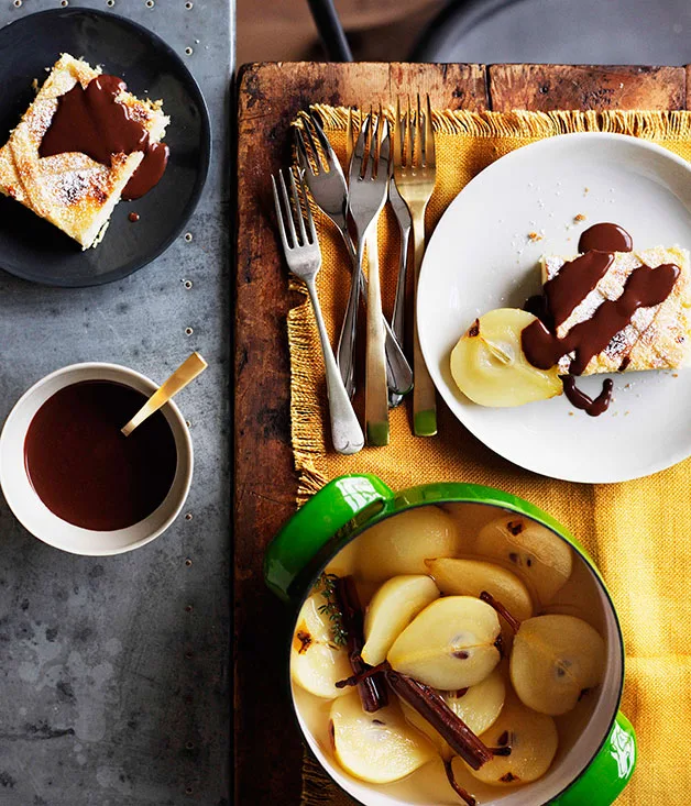 Ricotta, almond and chocolate tarts with poached pears