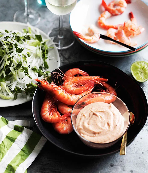 Prawns with daikon salad and spicy lime mayonnaise