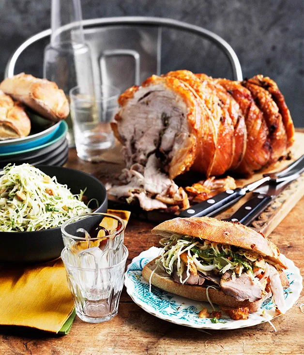 Porchetta heroes with cabbage, parmesan and almond salad