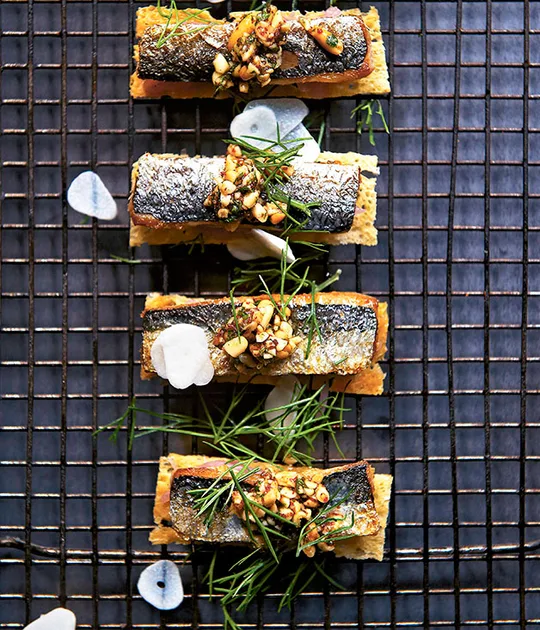 Sardines on Toast with Sweet Onion and Pine Nut Tarator