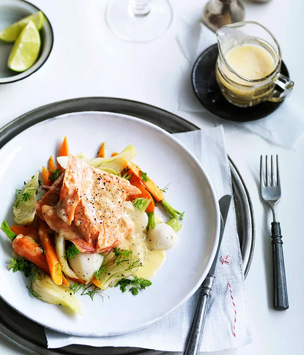 Poached trout with fennel and lime beurre blanc