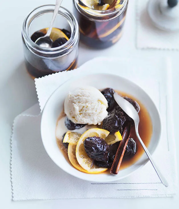 Prunes and oranges in Cognac with crème fraîche ice-cream