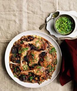 Duck with red wine, prunes and lentils