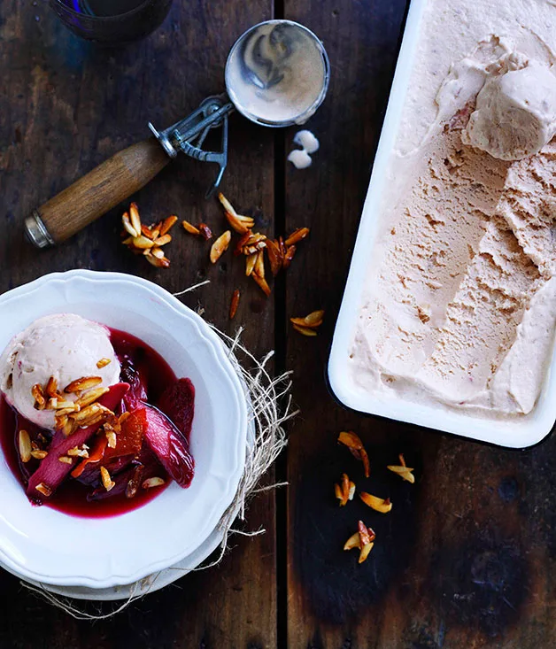 Roast rhubarb with candied almonds and rhubarb ice-cream