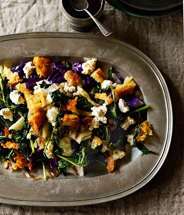Dripping-fried bread, brassica and goat’s cheese salad