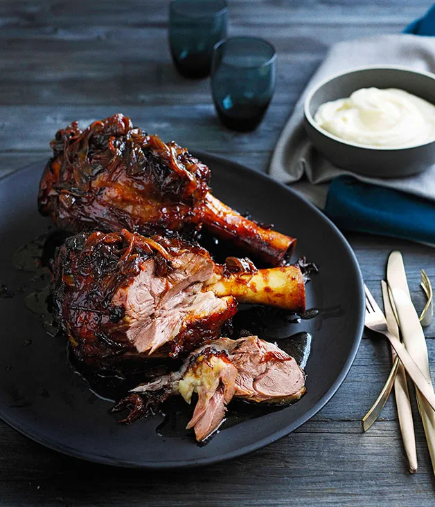 Veal shanks with caramelised onion, Pedro Ximénez and creamed parsnips