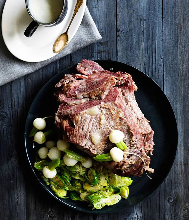 Corned wagyu brisket with buttered vegetables and horseradish béchamel