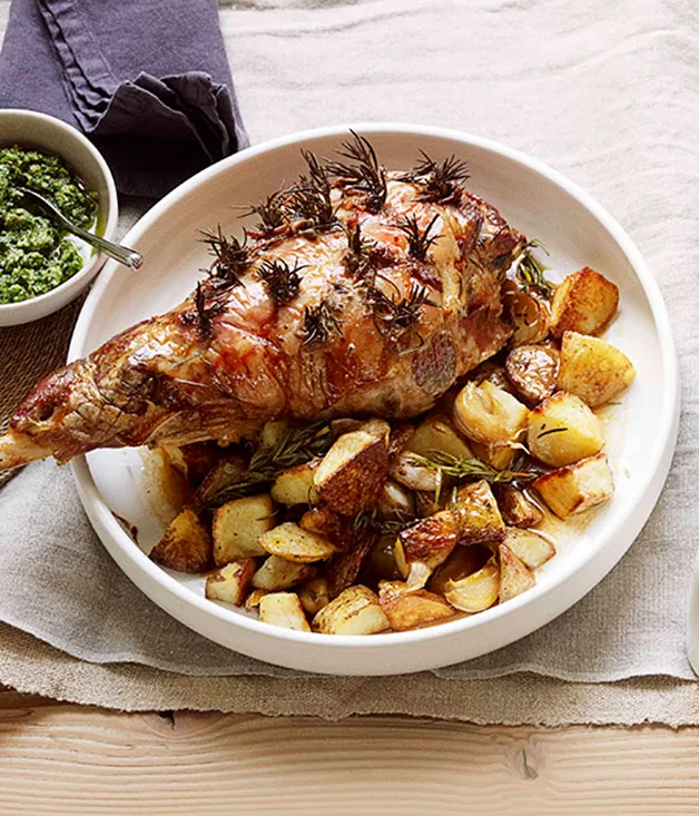 Roast lamb with anchovies, rosemary and salsa verde