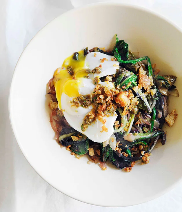 Braised greens with poached egg