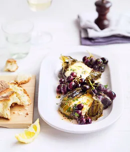 Vine leaf mozzarella parcels with anchovy, lemon and grilled grapes