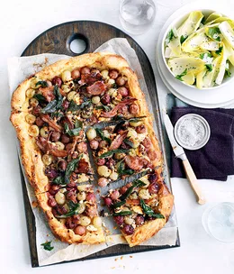 Agrodolce grape tart with goat’s feta, pancetta and witlof salad
