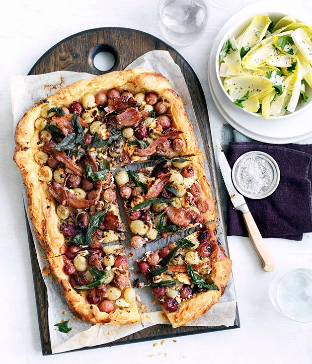 Agrodolce grape tart with goat’s feta, pancetta and witlof salad