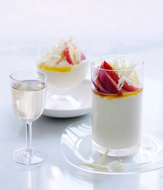 White chocolate and crème fraîche mousse with passionfruit syrup