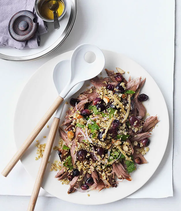 Lamb shoulder with grapes, freekah and parsley
