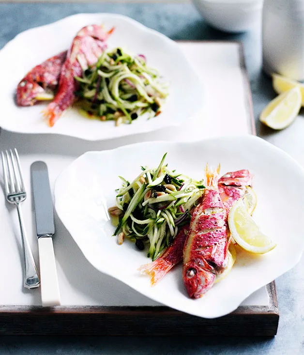 Roast red mullet with zucchini agrodolce