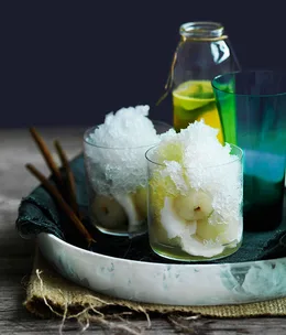 Coconut snow cones with young coconut and pineapple-ginger syrup