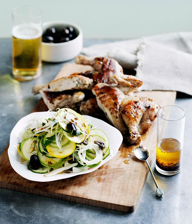 Barbecued spatchcock with zucchini, fennel and olive salad