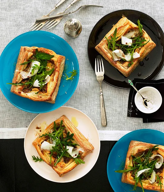 Gorgonzola, Lardo, Basil, and Wild Rocket Tarts