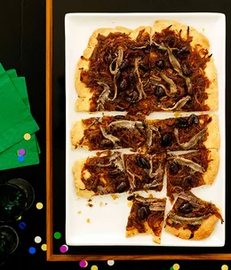 Caramelised onion, anchovy and olive tart