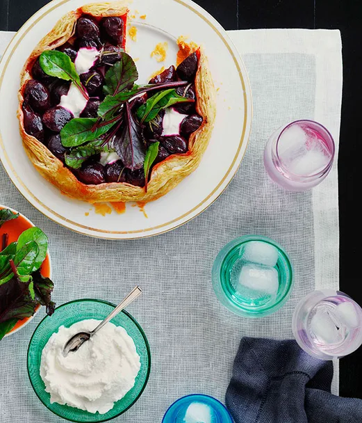 Roast baby beetroot, goat’s curd and rosemary tart