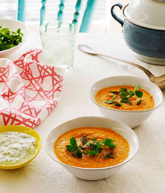 Chilled carrot soup with lemon and dill yoghurt