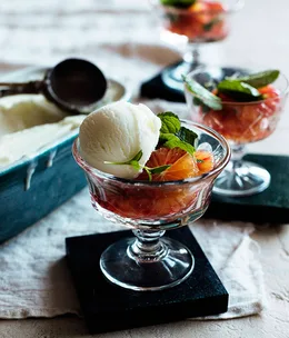 Frozen sheep’s milk yoghurt with mint syrup and blood oranges