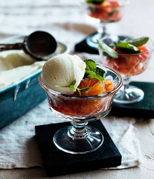 Frozen sheep’s milk yoghurt with mint syrup and blood oranges