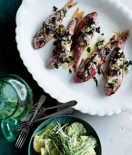 Red mullet baked with mint and lemon, with potato and mint salad
