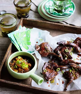 Crisp oolong-smoked quail with mandarin-ginger dipping sauce