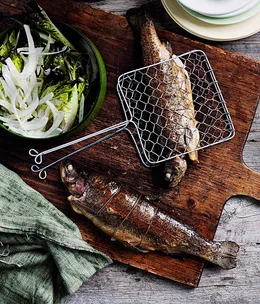 Smoked stuffed trout with smoky garlic and lime mayo
